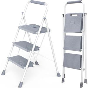 DUMOS Step Ladder, 3 Step Stool Foldable with Anti-Slip Pedal & Comfortable Handrail, 800lbs Capacity Sturdy Steel Ladder, Portable Heavy Duty Step Stool for Kitchen, Garage & Outdoor Use, Grey (Gray)