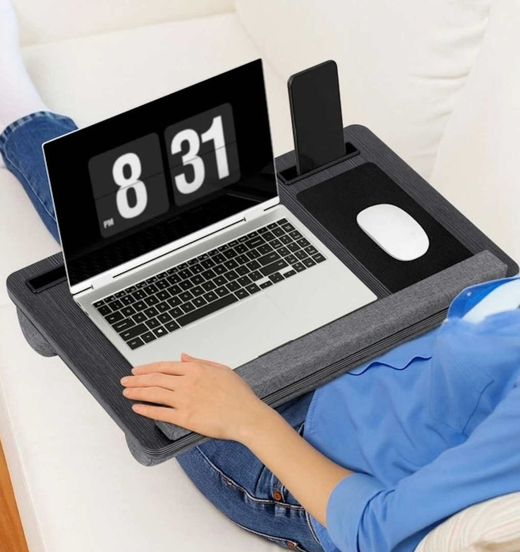 Lap Desks for Adults, Home Office Black Carbon Laptop Lap Desk Stand with Wrist Rest, Mouse Pad & Phone Holder, Cushioned Lap Tray Laptop Stand for Bed & Couch, Fits up to 15.6 Inch Laptops