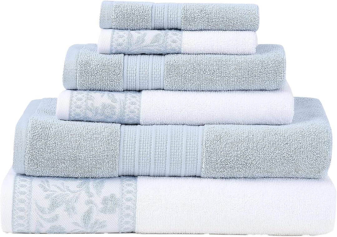 Modern Threads Allie 6-Piece 100% Cotton Towel Set  Jacquard Floral Border  Includes 2 Bath Towels, 2 Hand Towels, 2 Washcloths  Absorbent, Quick Dry, Soft & Durable  Light Blue