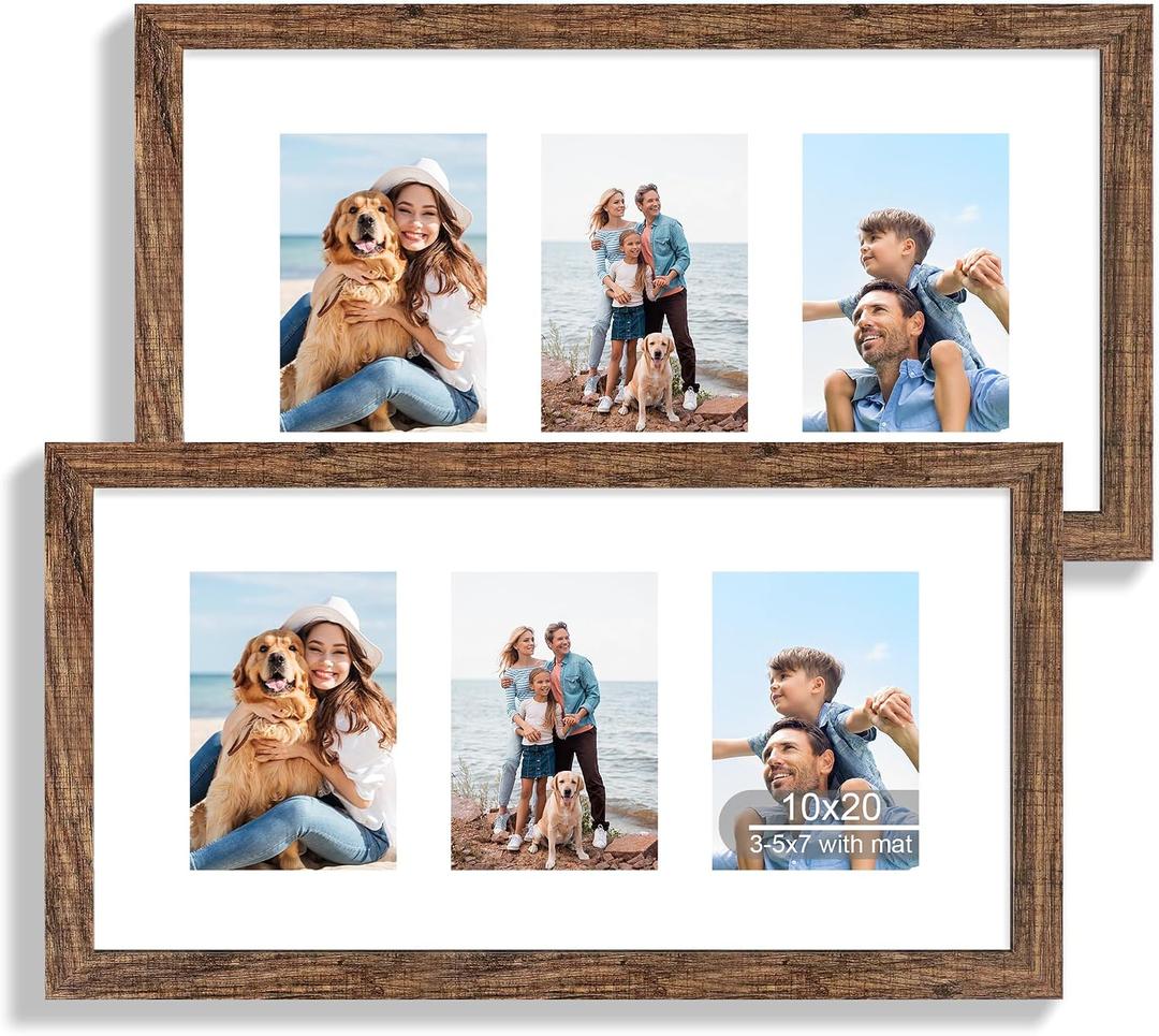 Hongkee 10x20 Picture Frame Set of 2, Rustic Brown Wood Frame with Real Glass Collage Frame, Display Pictures Three 5x7 With Mat or 10 x 20 Without Mat - Horizontal or Vertical Wall Mounting, 10x20 in matted to 3-5x7
