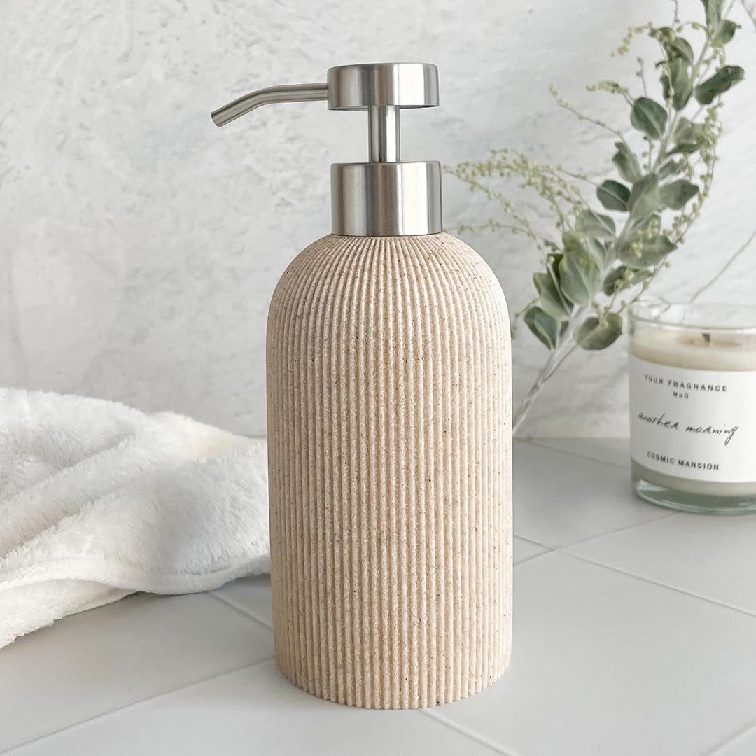 Lunestella Elegant Boho Beige Hand Soap Dispenser with Stainless Steel Pump, for Bathroom and Kitchen, Rust Proof, 7oz (Matte Silver)