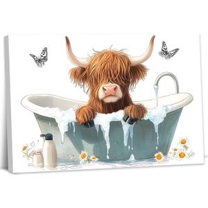 YMXZHUANSH Highland Cow in Bathtub Wall Art Cow Bathroom Canvas Print Funny Animal and Butterfly Artwork for Washroom Restroom Decor Frame(Brown 12L x 18W) Brown