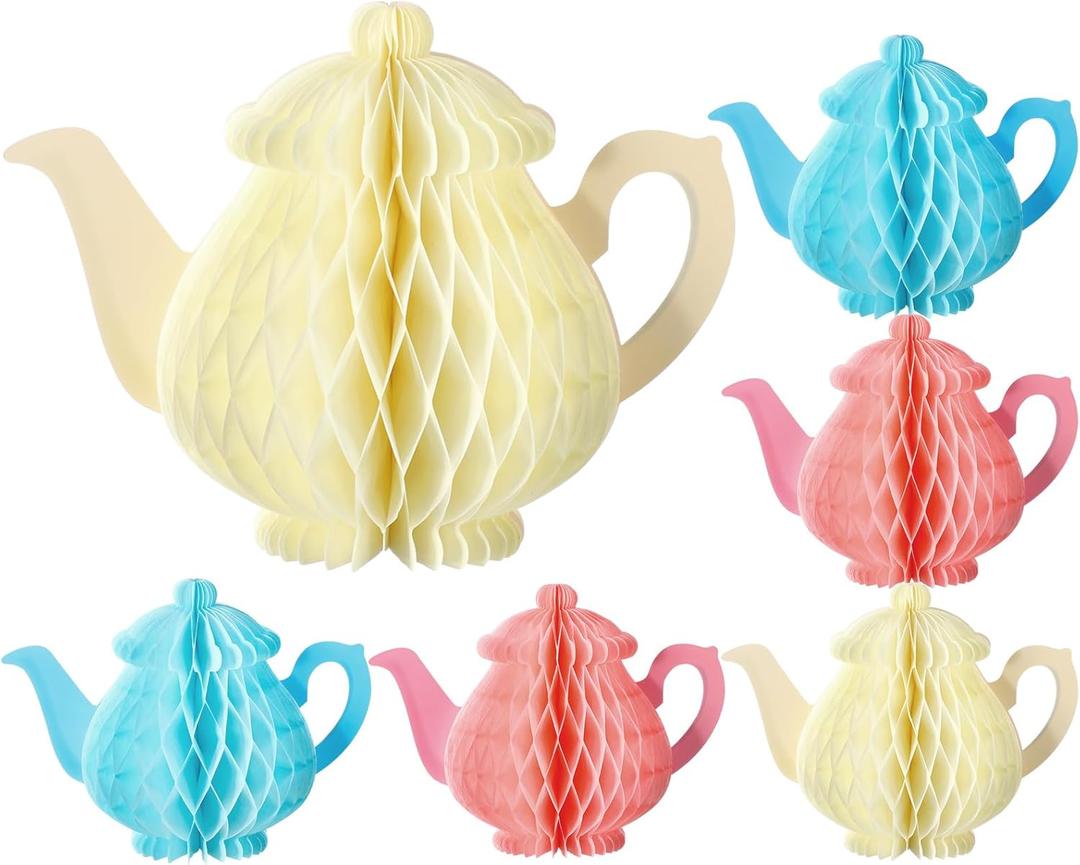 Wettarn 6 Pcs Floral Tea Party Decorations Spring Teapot Honeycomb Centerpieces for Birthday Party Princess Tea Party Table Centerpieces Decor for Summer Wedding Women Shower Tissue Supply