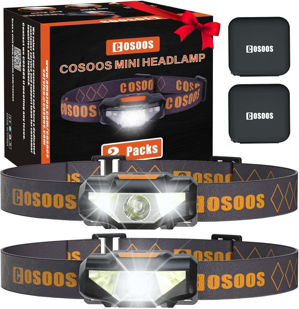 COSOOS 2 LED Headlamps Flashlights with Portable Cases, 1.6oz Mini Bright Running Headlamp, Waterproof Head Lamps, Small Headlights for Adults, Kids, Camping, Hiking, Night Reading (NO AA Battery)