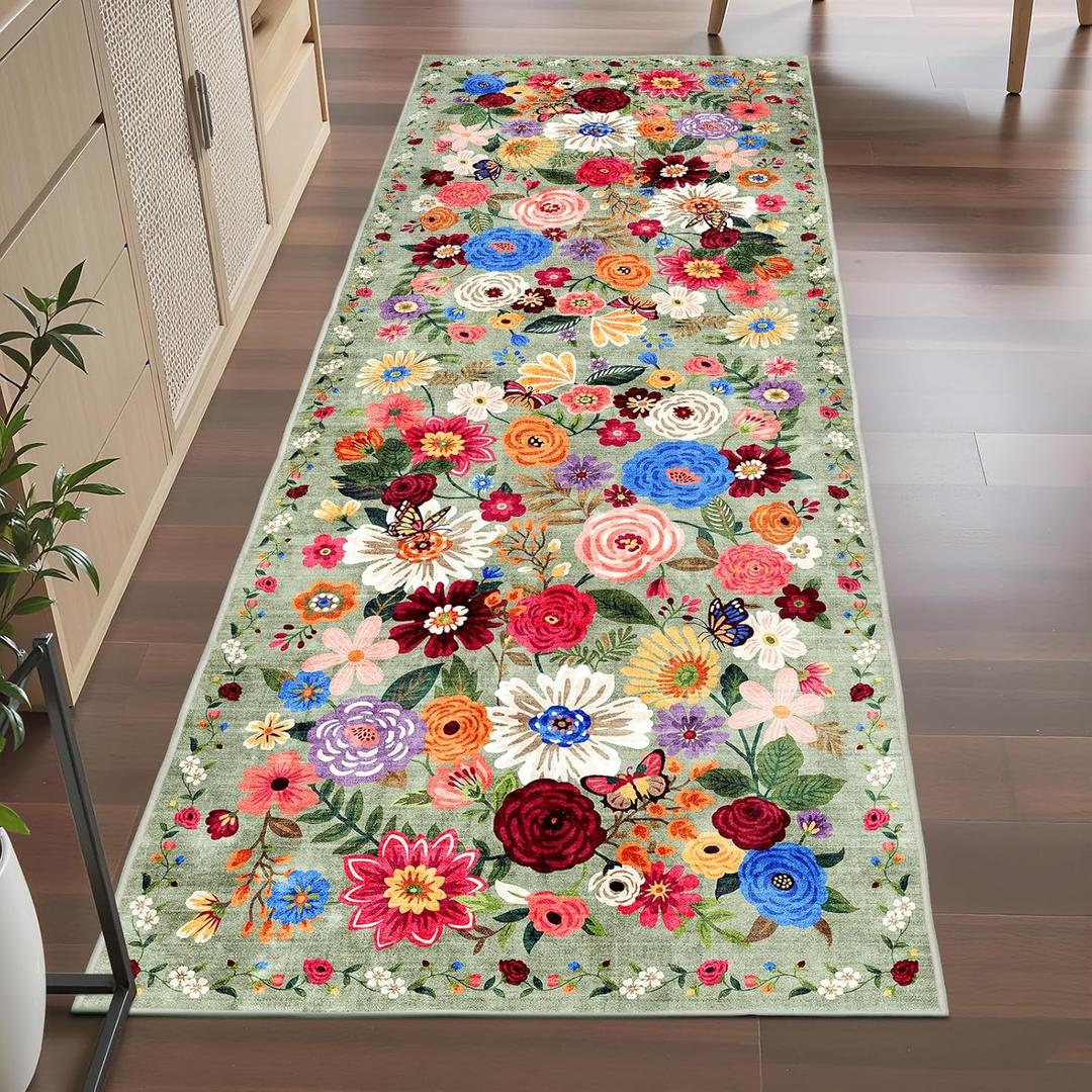 Rug for Hallways Green Kitchen Rug 2x6, Non Slip Washable Rugs with Rubber Backing Soft Floral Carpet Runner for Hallways, Kitchen, Laundry, Bedroom, Bathroom (2 x 6, Green Garden)