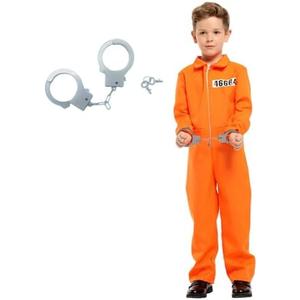 ZNTU Prisoner Costume Kids,Orange Prisoner Jumpsuit with Handcuffs,Jailbird Inmate Prison Uniform 2XL