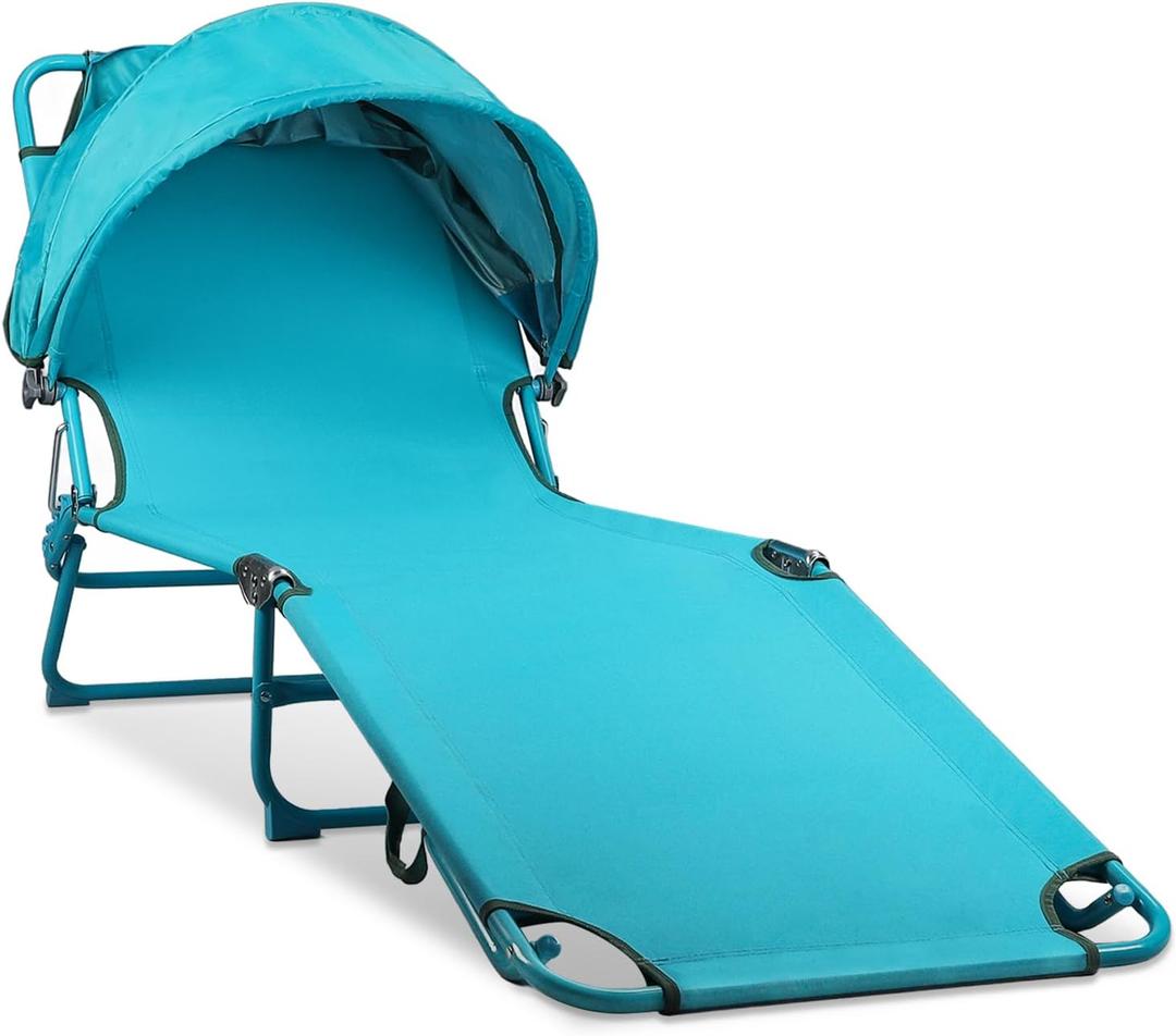 Colorsoul Tanning Chair with Sun Canopy,Adjustable 4-Position Beach Lounge Chair for Adults,Heavy Duty Folding Outdoor Lounge Chair,for Patio Poolside Sunbathing,UPF 50+,300 LBS,Blue, 79 inches x 22 inches x 10.26 inches