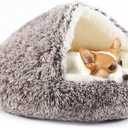 Dog Bed Round Hooded Plush Cat Cave Self Warming Pet Bed Donut Anti Anxiety Fluffy Pet Bed for Puppy and Kitty (Large 27.5'', Gradual brown)