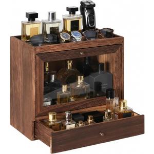 Cologne Organizer for Men,Perfume Stand Holder,Cologne Shelf, Solid Wood Cologne Stand with Drawer Storage and Clear Window,Organizador de Perfumes,Perfume Stand Organizer,Brown