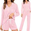 SWOMOG Womens 3pcs Button Down Pajamas Set Short Sleeve Sleepwear Bride Pj Lounge Set with Long Pants (XX-Large)