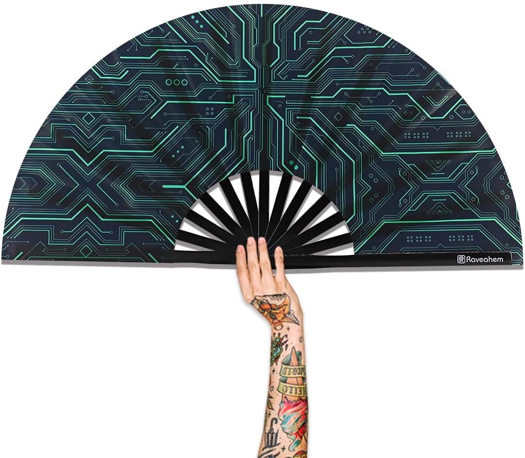 Large Folding Fan, 13 Inch Clack Rave Fan Hand Held Fan for Women Men with Premium Satin Fabric, Thick Bamboo Frame for EDM, Music Festival, Party, Dance, Decoration, Gift (Tech Glow)