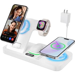 Dual Phone Magnetic Wireless Charging Station for Apple Devices/ Apple Ecosystem, with Auto-Switch 7-Color Light & Clock, Compatible with iPhone 17/ 16/ 15, for iWatch 11/ 10/ 9 & AirPods Pro3（White)