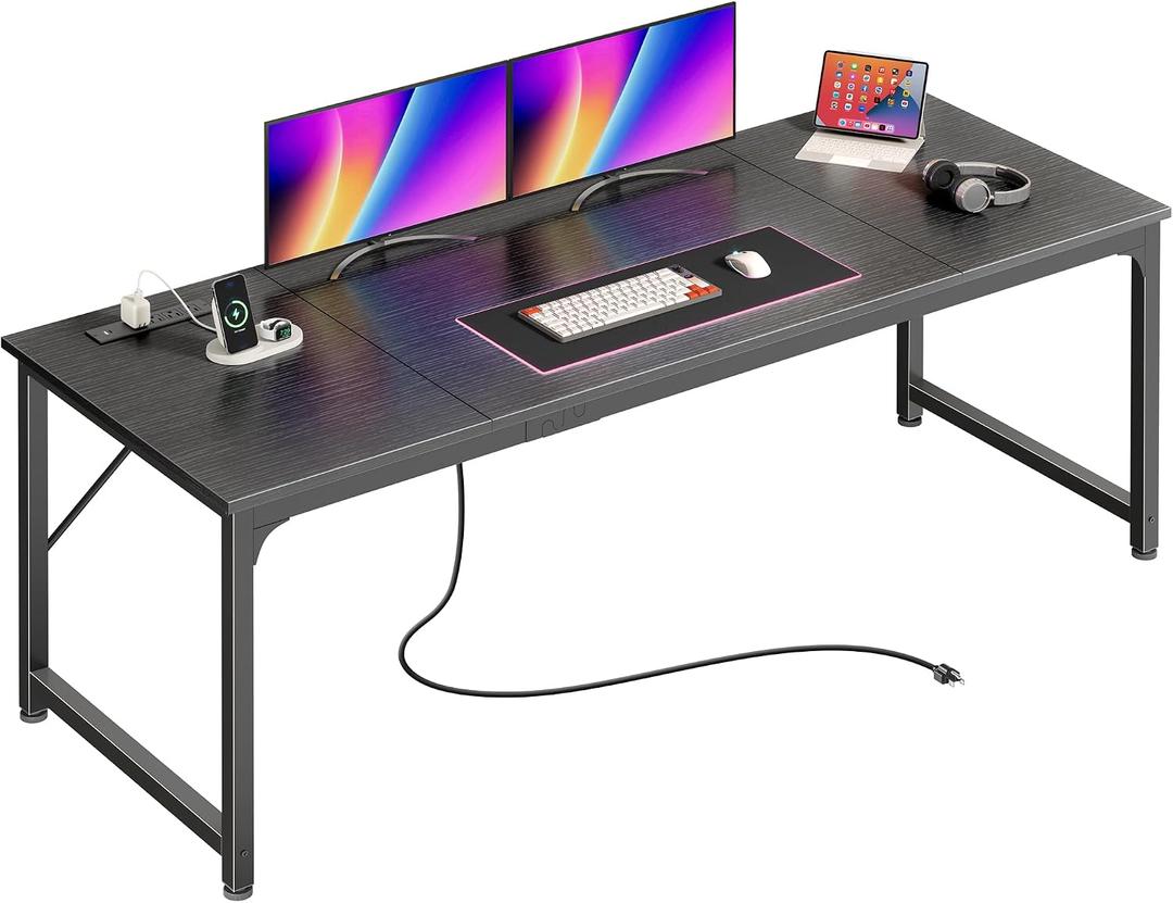 PRAISUN 70 x 24 Inch Computer Desk with Power Outlets & USB-C, Black, 71 Inch