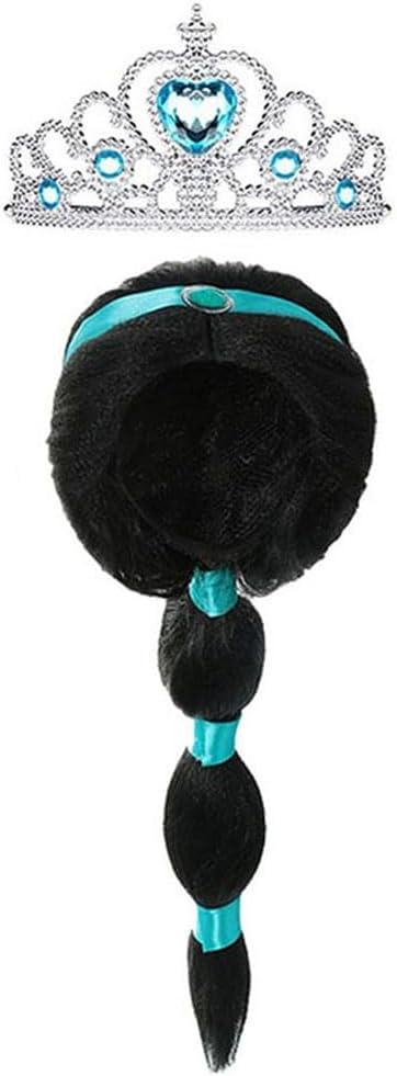 Arabian Princess Wig for Girls Black Braid with Tiara Princess Dress Up Costume Cosplay Halloween Accessories for Kids