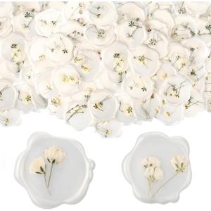Qilery 50 Pcs Wax Seal Stickers Babys Breath Dried Floral Envelopes Seals Stickers Bulk for Wedding Invitation Bridal Shower Birthday Party Letter Greeting Cards Gift Wrapping, Self Adhesive (White)