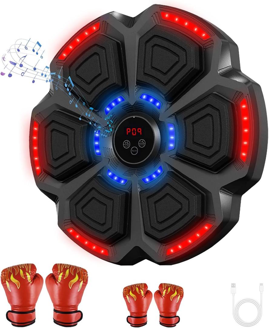 Music Boxing Machine for Adults, Kids, Wall Mounted Bluetooth Boxing Music Workout Machine with Gloves, 9 Modes & 9 Speeds Interactive Punching Equipment for Training at Home, Office and Gym (Black red)