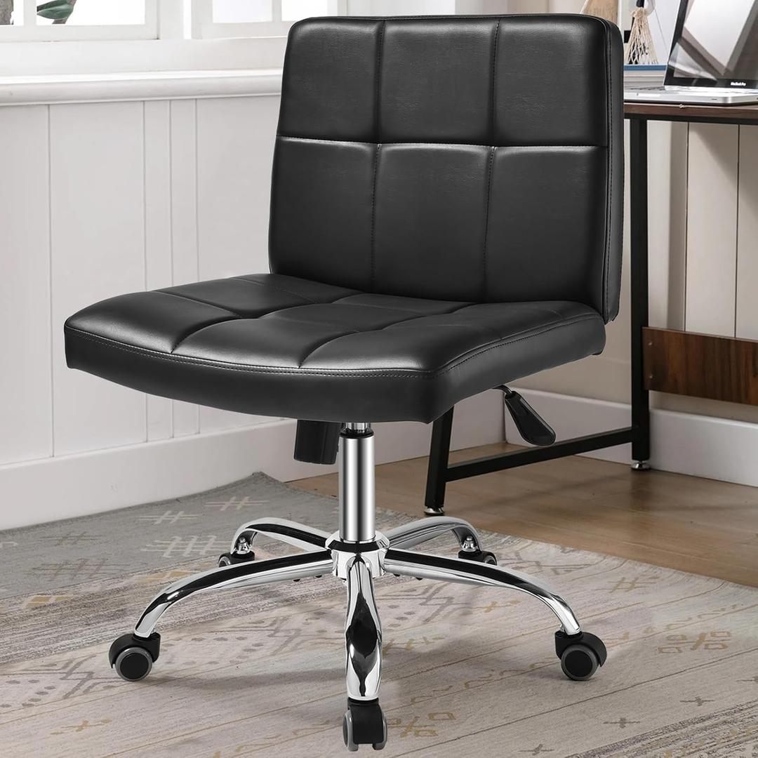 Black Office Chair with Wheels - 360 Swivel Armless Back SupportComfortable Pu Adjustable Rolling Desk Chairs for OfficeHomeVanityBedroomBig Space (Widened Black)