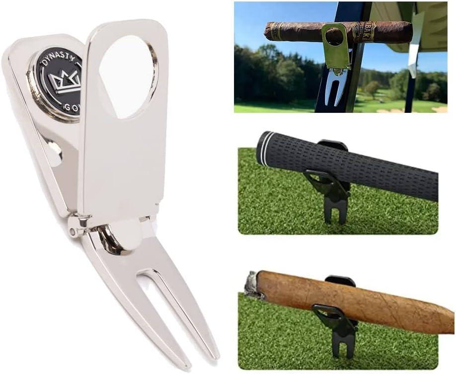 Golf Cigar Holder Golf Cart - Magnetic Golf Cart Cigar Holder Clip Keeps Your Cigar Safe - 6 in 1 Golf Divot Tool and Ball Marker - Cigar Clamp Golf Cart (Silver)