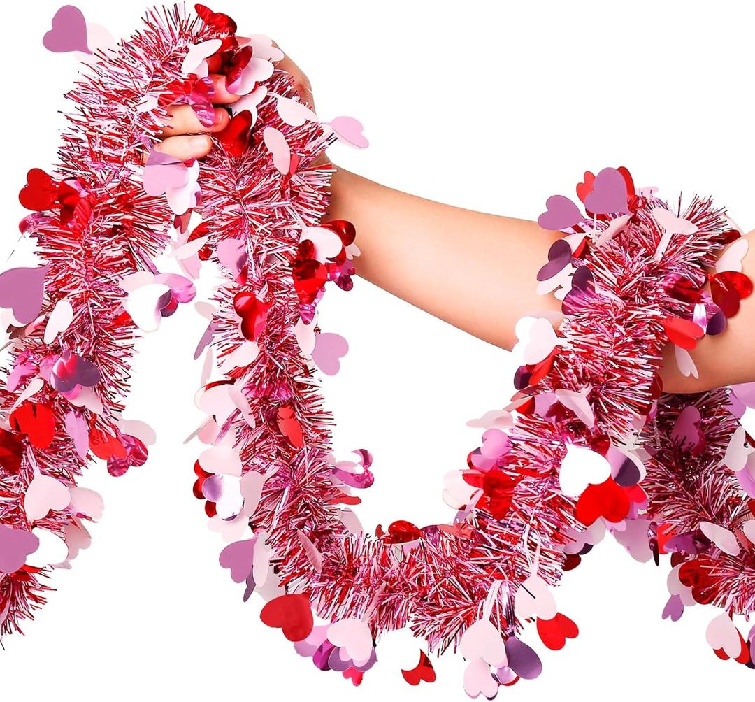 Valentines Garland Decor,50Ft Glitter Tinsel Heart Garland Decorations for Tree Mantle Bedroom Office Classroom Party Indoor Outdoor Holiday Home Pink Red White