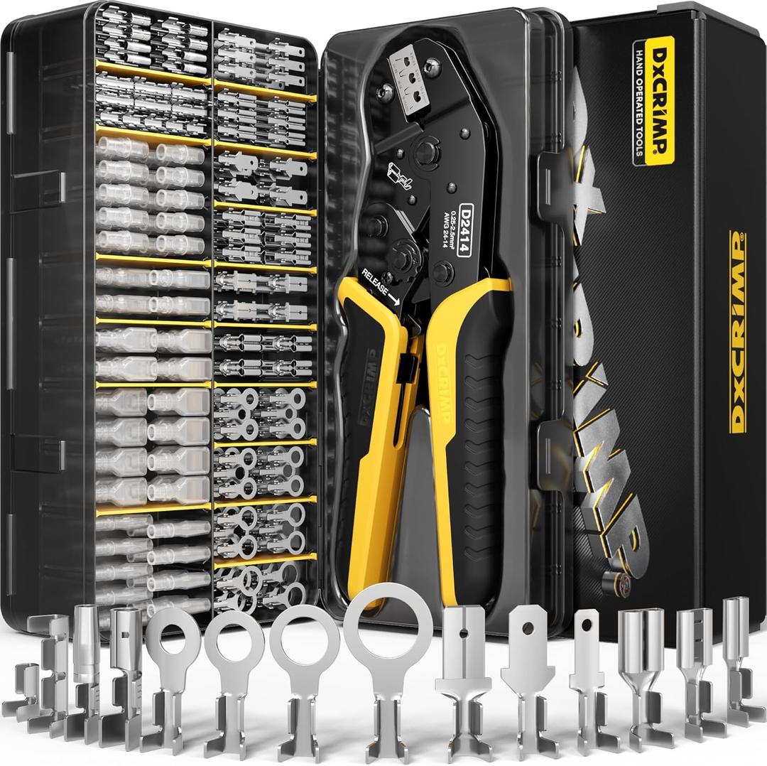 Crimping Tool Kit, 14-Type Open Spade & Quick-Disconnect Connector Set (2.8/3.9/4.8/6.3 mm) Non-Insulated Brass Terminals, 2414 AWG Ratcheting Crimper, for Automotive, Marine, Appliance, DIY