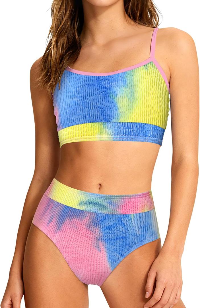 Girls Swimsuit Two Piece Scoop Neck Solid Color Bikini Set Adjustable Strap High Waist Bathing Suit for Girls 9-16Y