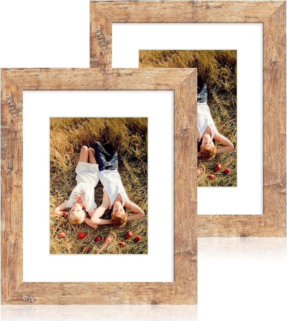 iRahmen 8x10 Picture Frame Set of 2, High Definition Real Glass Rustic Brown Wood Frame, Display Pictures 5x7 with Mat or 8 x 10 Without Mat for Tabletop or Wall Mounting