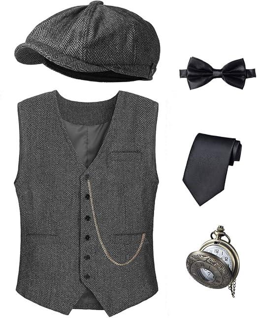 Kids 1920s Costume for Boys Vest Hat Pocket Watch Accessories Set Party Cosplay 2-14 Years