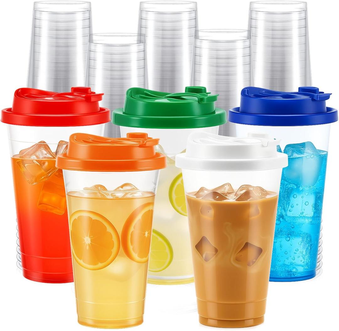 LemonRoad 100 Pack 16 oz Clear Plastic Cups with Strawless Sip Lids Disposable Halloween Party Coffee Cups with Rainbow Colors Sip Lids in 5 Colors Hot Cold Drink Tumblers for Iced Coffee Smoothies
