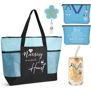 4 Pcs 2026 Nurse Week Gift Set Nursing Graduation Appreciation Gift for Women Including Nursing Tote Bag Nurse Themed 16oz Glasse Cup with Bamboo Lids Straw Makeup Bag Badge Reel