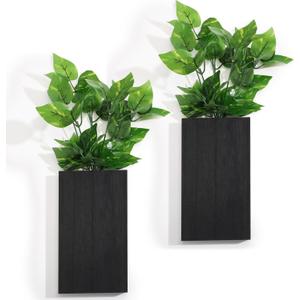 Vesici Wood Wall Planter Vase with Artificial Plants Indoor Plants Holder Pocket Farmhouse Wooden Wall Flower Vase Hanging Plant Decor for Bedroom Kitchen Office Home(2 Pcs,Green Plants)
