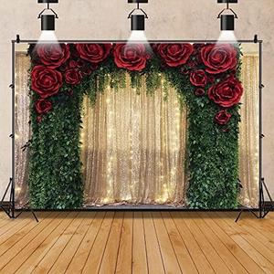 10x8ft Gold Sequin Backdrop Red Rose Green Tree Vine Decoration Backdrop for Wedding Birthday Anniversary Engagement Baby Shower Event Decor Banner