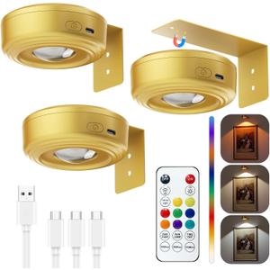 Skairipa Picture Lights for Wall, 2000mAh Rechargeable Magnetic Poster Lights with Remote, 3 Color Temps & RGB Dimmable Timer, Wall Decor Light for Art Display, Frame (3 Pack) (Gold)
