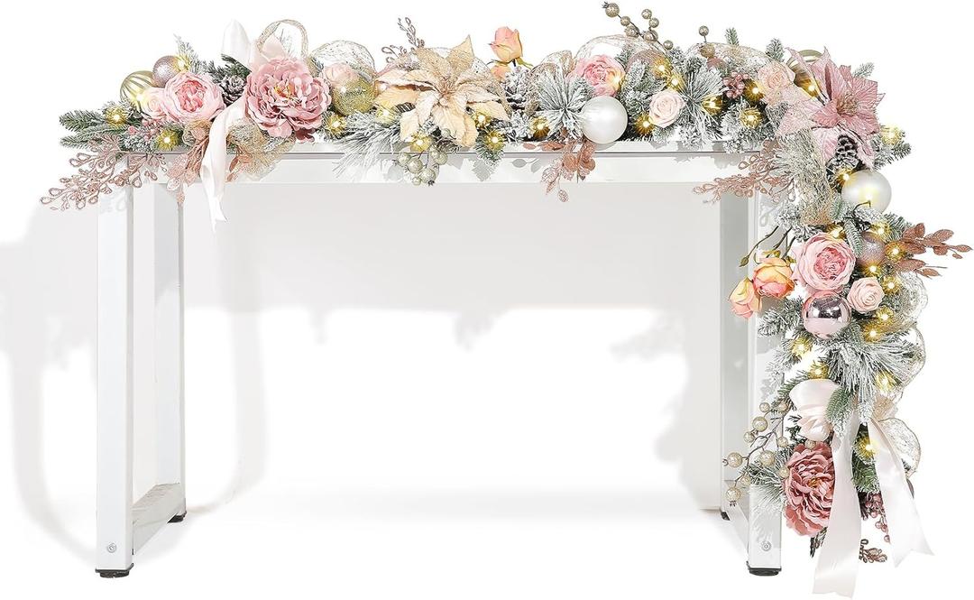 WBHome Pre-lit 6 Feet/72 Inch Christmas Garland, Rose Gold Lighted Garland with 50 LED Lights for Indoor Outdoor Xmas Decor Holiday Decorations, Battery Operated (Batteries NOT Included)