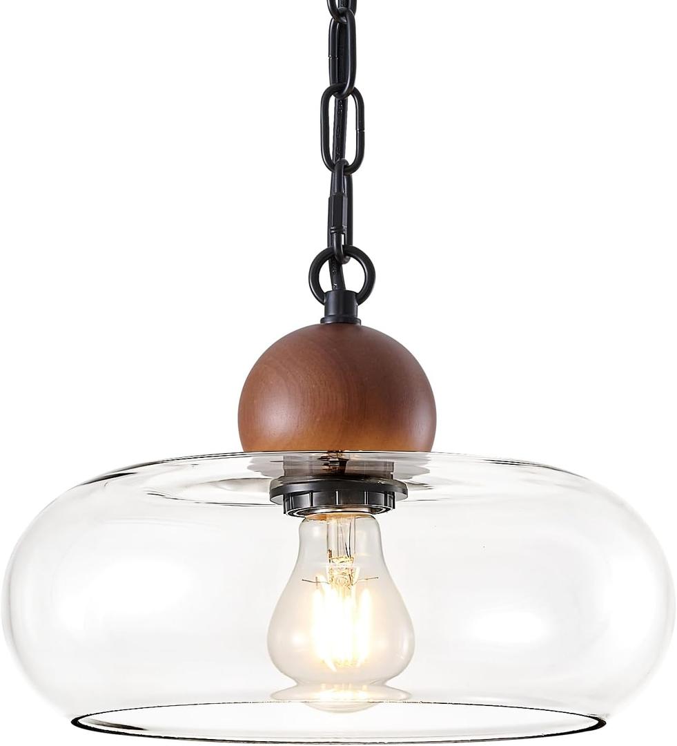 MWZ Modern Farmhouse Pendant Light Kitchen Island with Wood Accent, 11Large Clear Glass Hanging Ceiling Light for Dining Room,Rustic Industrial 1-Light Chandeliers Fixture, Adjustable Chain,E26 Base