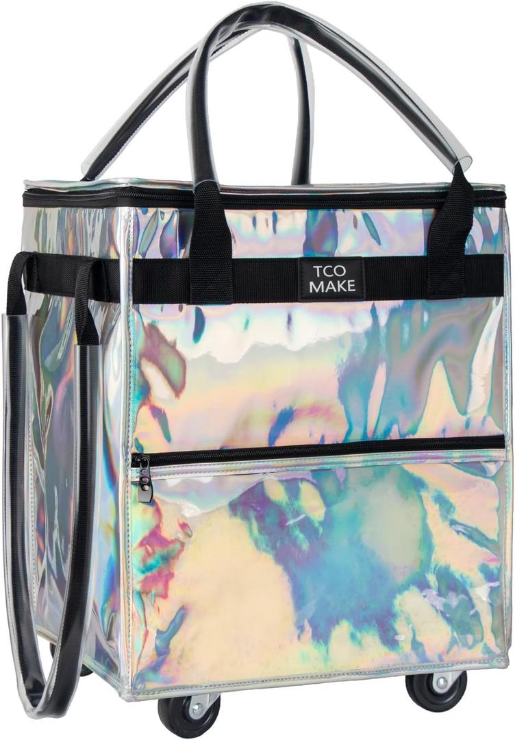 Reusable Grocery Bag on Wheels, Rolling Shopping Bags with Wheels and Handle, Folding Rolling Tote Trolley, Zipper Cover, Carries Up to 22 LBS, Easy Transportation (Small, Phantom White)