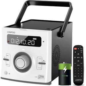 Portable CD Player Boombox 10W x2 | Built-in Rechargeable Battery | FM Radio/Bluetooth/USB/AUX Input | 3.5mm MIC & Headphone Port | Clear Stereo Sound | Remote Control (White 118)
