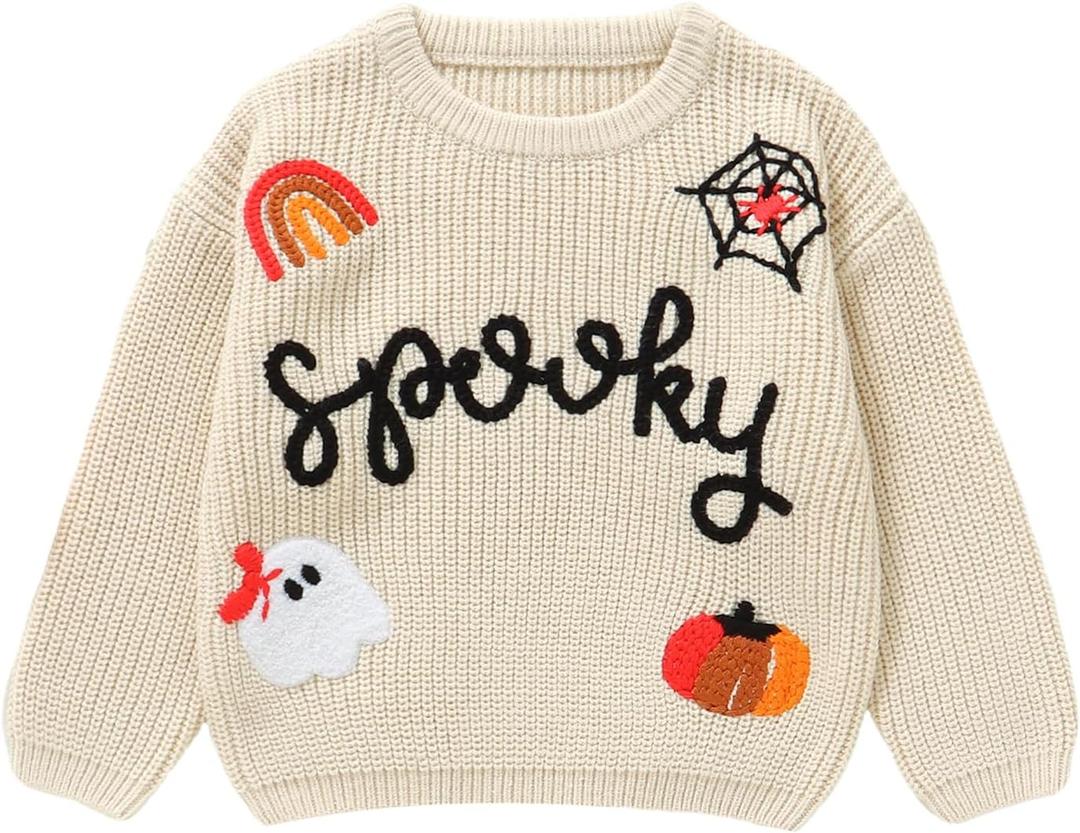 Halloween Toddler Girl Sweater Spooky Hand Embroidered Sweater Fall Ghost Pumpkin Outfit 1-5Y (4-5T, Beige)
