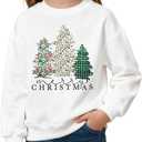 Christmas Sweatshirt for Girls Xmas Tree Plaid Raglan Sleeve Pullover Tops Kids Holiday Graphic Tees Shirt Outfit (7-8 Years, White)