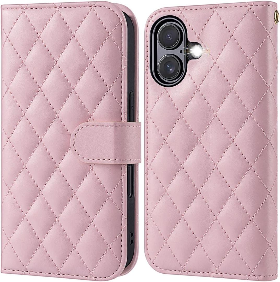 OCASE Compatible with iPhone 17 Wallet Case, PU Leather Flip Folio Case with Card Holders RFID Blocking Kickstand [Shockproof TPU Inner Shell] Phone Cover 6.3 Inch 2025, Diamond Check Pink