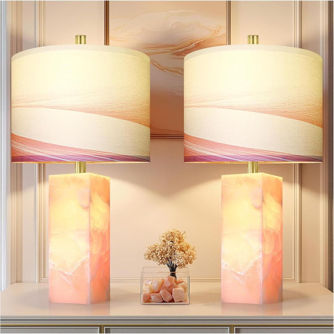 Scenekoy 23" Alabaster Table Lamp Set of 2 with Night Light for Bedroom Living Room, Rotary Switch, Pink Modern Table Lamp with Linen Shade, Nightstand Lamps for Room Bedside Office (Bulb Included)