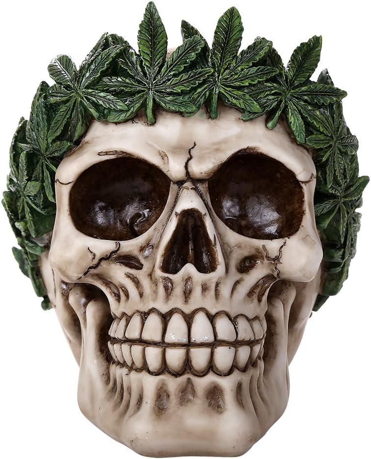 Pacific Giftware Novelty Cannabis Leaves Marijuana Weed Pot Head Skull Figurine Halloween Decor Collectible 5.25 Inches Tall
