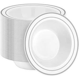 BESTSTAR 100 Pack Disposable Soup Bowls with Silver Rim, 12oz Premium Heavy Duty Plastic Dinner Bowls for Party, Wedding and Holiday