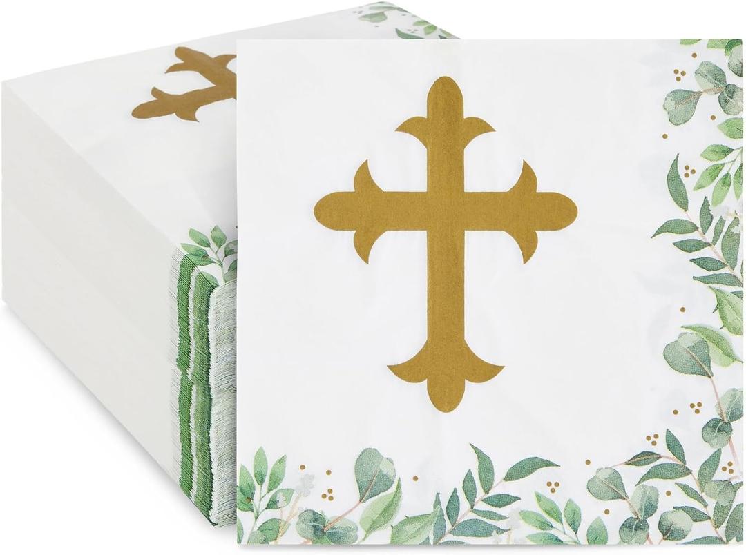 100 Pack Cross Cocktail Napkins for Easter Party, Baptism, First Communion, Christening Decorations for Religious Themed Events and Special Occasions (6.5 x 6.5 In)