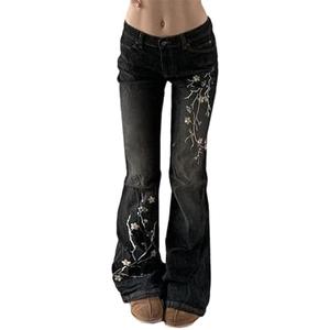 Women's Bell Bottom Jeans, Stretchy Flare Mid Rise, Embroidery Vintage Denim Pants 90s Outfits, Y2k Clothes, XXL