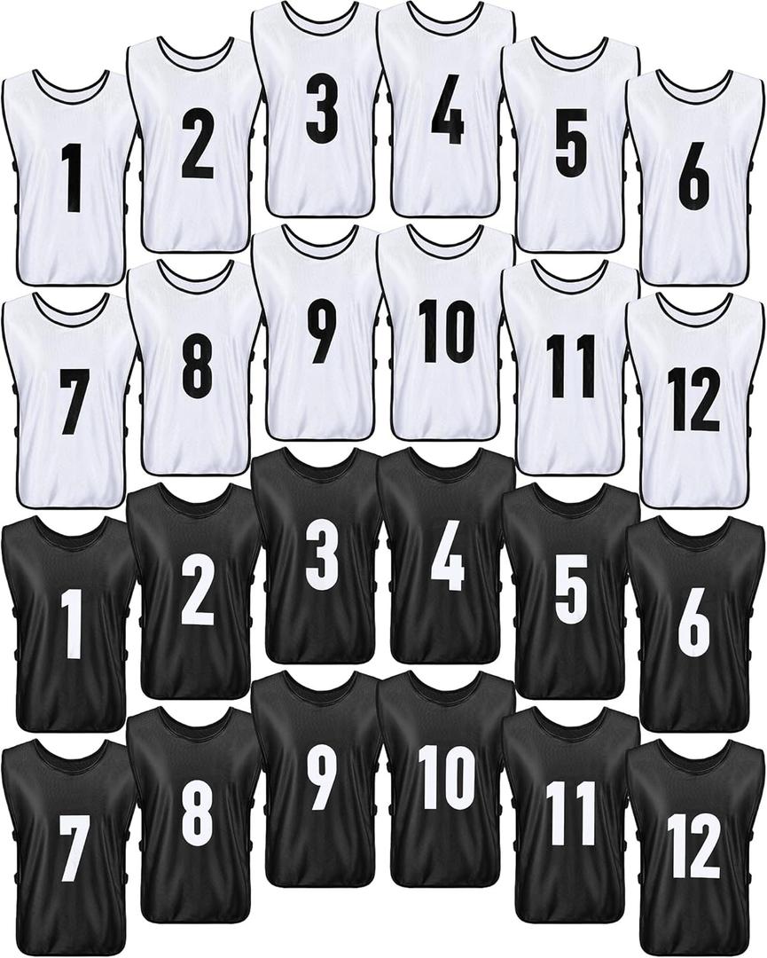 Yahenda 24 Pcs Sports Pinnies Soccer Scrimmage Practice Vests Numbered Soccer Team Pennies with Belt for Adult (X-Large, White, Black)