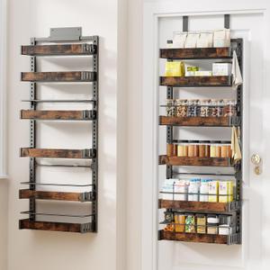 6 Tier Over The Door Pantry Organizer, 2 IN 1 Wall Mount or Metal Hanging Spice Rack for Pantry Organizers and Storage, Seasoning ShelvesAdjustable Basket with Hooks for Kitchen Cabinet and Closet (Black)