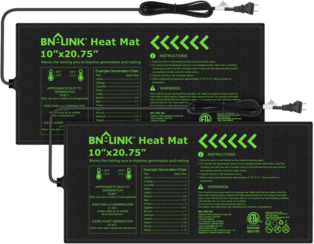 BN-LINK Durable Seedling Heat Mat for Seed Starting 10" x 20.75", 2 Pack Waterproof Warming Mats Plant Heating Pad for Seed Germination, Indoor Growing, Hydroponic, Greenhouse, ETL Listed