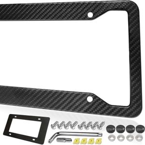 Carbon Fiber License Plate Frame- Stainless Steel Car Tag Holder Wrapped with Real Carbon Fiber, 4 Hole Wide Edge, Anti-Theft Screws Caps, Rattle-Proof Pad, 1 Pack for Front or Rear