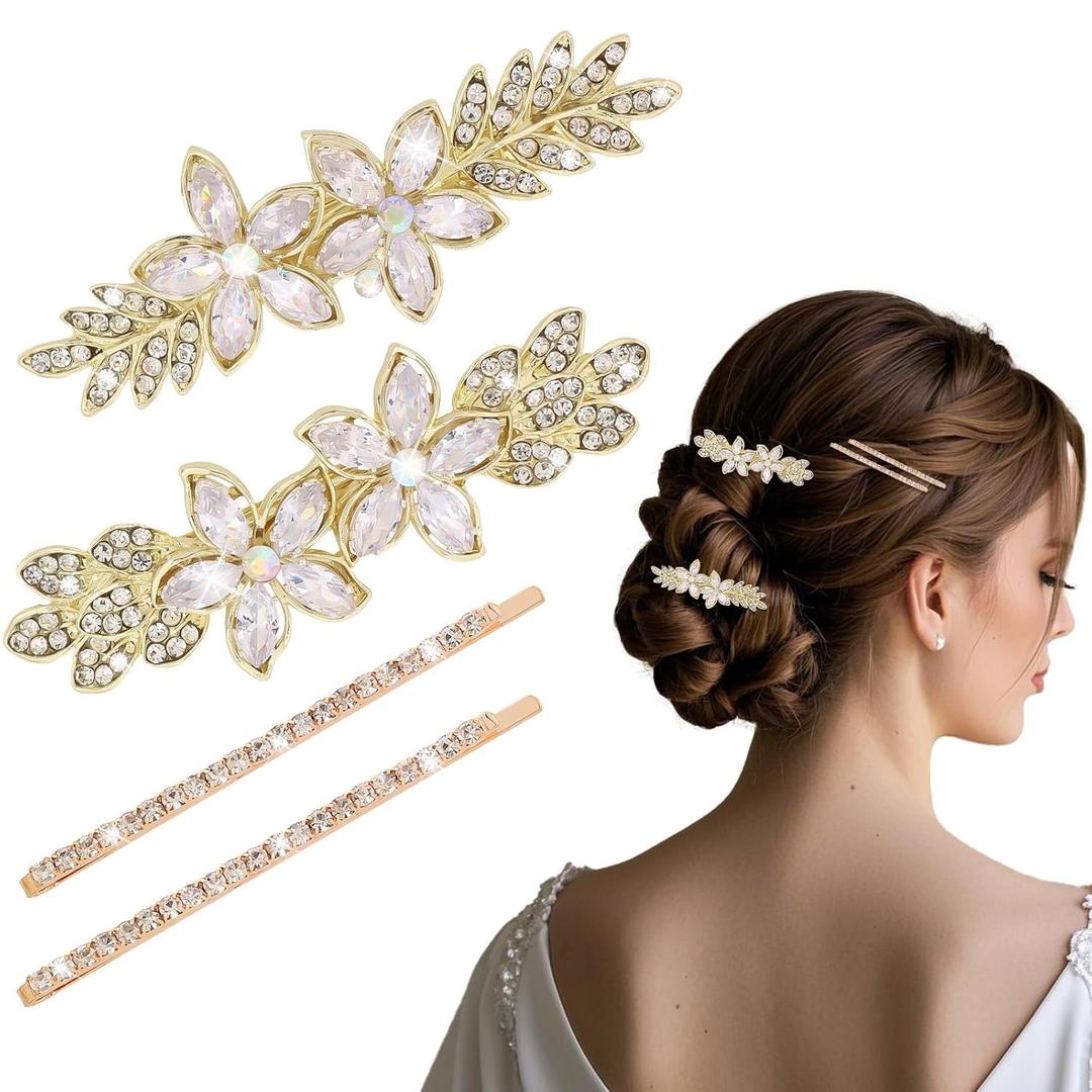AMCAMI 4PCS Gold Hair Clips，Rhinestone Hair Barrettes For Women， Fancy Gold Hair Accessories For Wedding Bridal Bridesmaid Prom