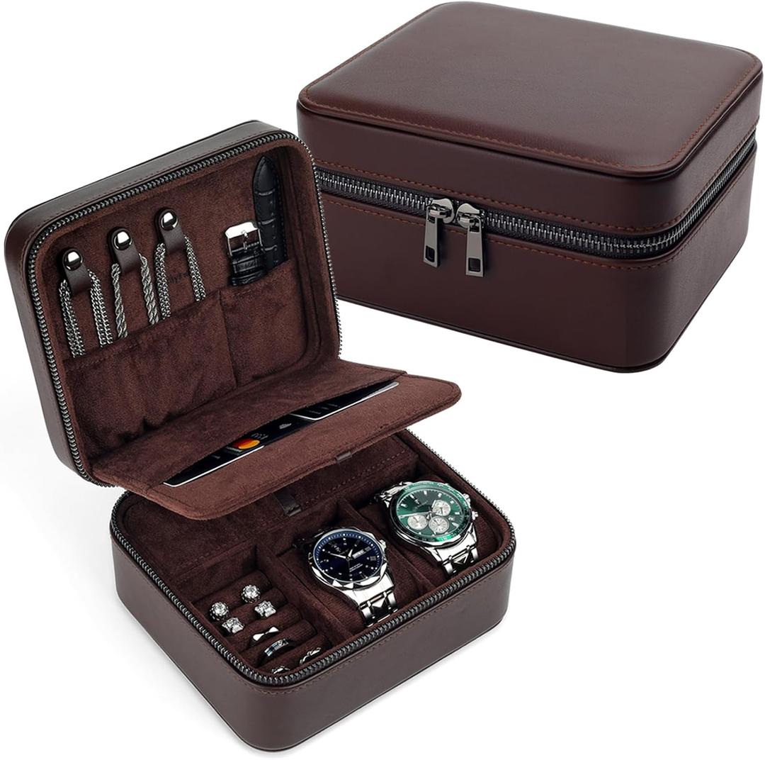 Travel Watch Case for Men, Watch Box with Ring Rolls & Accessory Compartments, PU Leather Portable Men's Jewelry Organizer, Fits up to 50mm Watches, Gift for Him (Large 2 Slot)